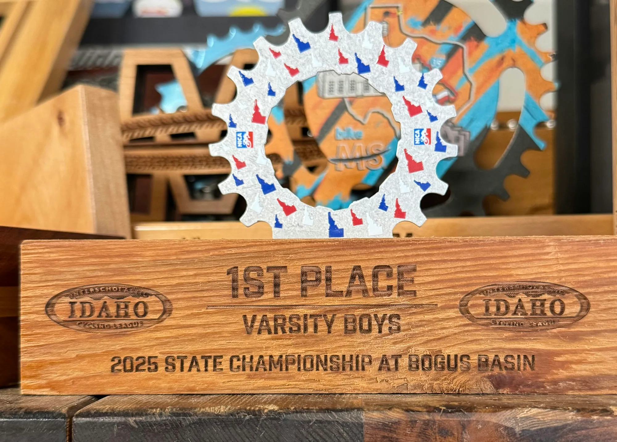 First-place NICA state championship trophy built from a reclaimed cog in the ReGeared workshop