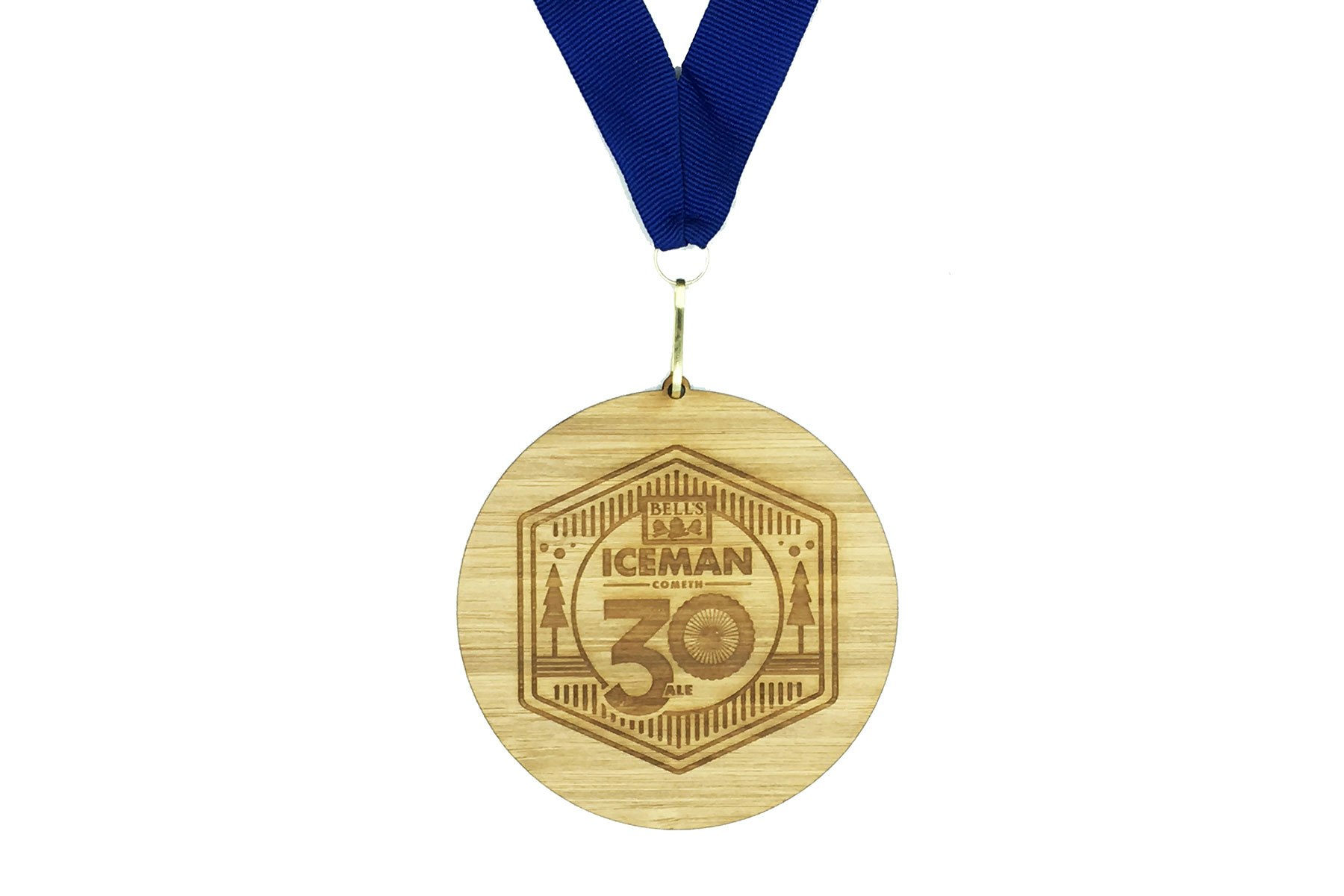 Laser-etched bamboo finisher medal on a blue ribbon