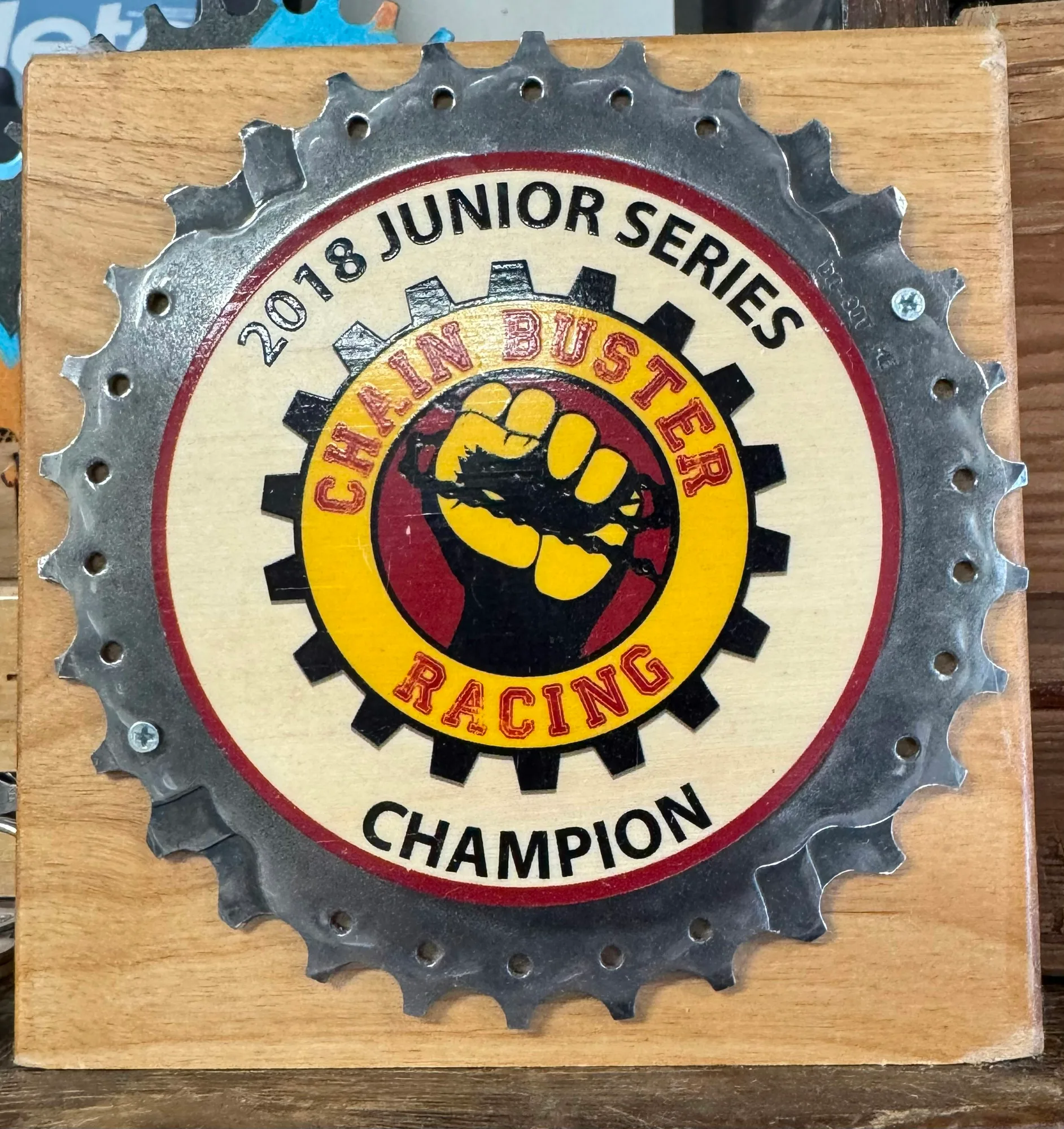 50-tooth reclaimed chainring mounted on a wood plaque