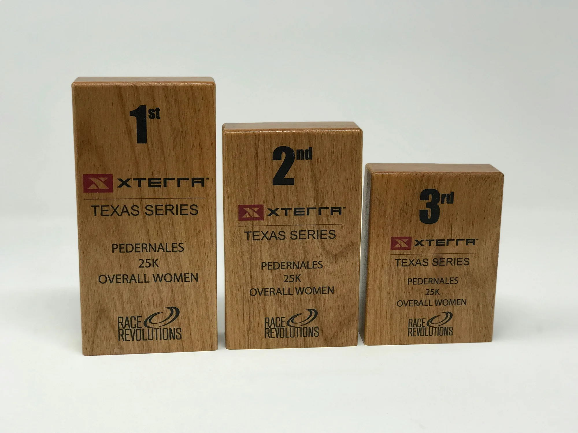 XTERRA Texas Series podium trophies in solid alder wood, first through third place